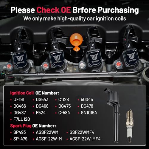 Image of BDFHYK Ignition Coil Pack UF191 and Iridium Spark Plugs SP493 Compatible with Ford GT Mustang 2001-2004 Lincoln Navigator Aviator Continental Mark VIII Avanti Mercury Marauder 4.6L 5.4L V8 Set of 8