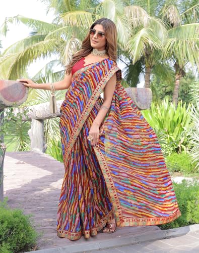 Image of Yashika women Women's Georgette Saree with Lace Border | Lightweight Laheriya Saree for Women with Unstitched Blouse Piece