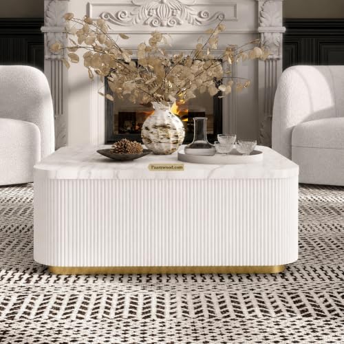 Image of Luxury Square White Coffee Table with Nano Composite Marble-Look Top & Gold Base, Waterproof Plywood, Contemporary Center Table with Ribbed Fluted Design for Living Room & Home Decor