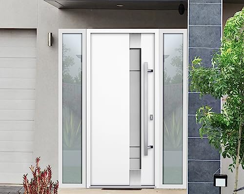 VDOMDOORS Front Exterior Prehung Steel Door/Deux 1713 White Enamel / 2 Side Exterior Black Windows/Stainless Inserts Single Modern Painted-W12+36+12" x H80-Left-hand Inswing