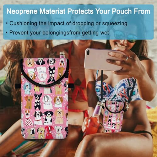 Image of Neoprene Cell Phone Sleeve Pouch Case Bag with Crossbody Strap Neck Lanyard for Women 7.5 X 4.3 in Pink Dog