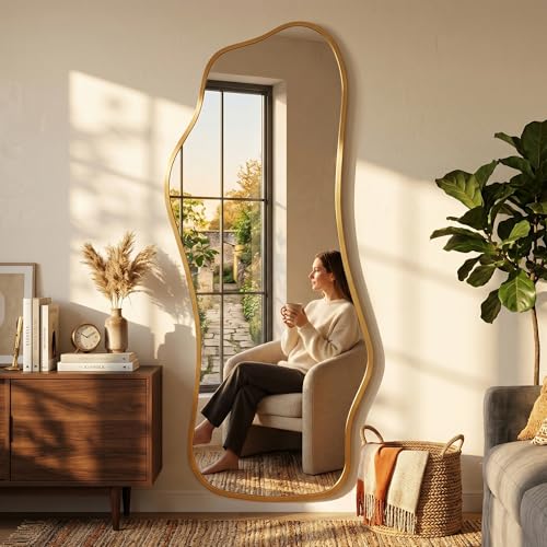 Image of Mirror Full Length - Irregular Full Body Mirror Standing or Leaning or Wall Hanging 62.2 inchx 22.8 inch Asymmetrical Aviation Aluminum Alloy Frame Unique for Bedroom, Living Room, Cloakroom, Entryway