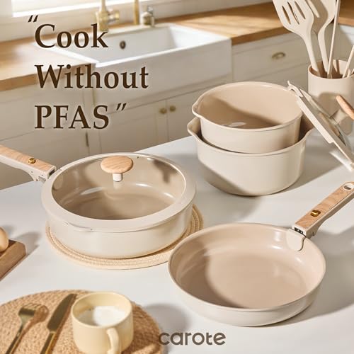 Image of CAROTE Ceramic Pots and Pans Set, Cookware Set Detachable Handle, 19 Pcs Induction Kitchen Cookware Sets Non Stick with Removable Handle, RV Cookware Set, Oven Safe, Elegant White, Mothers Day Gifts