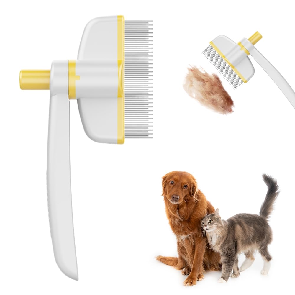 Pet Hair Removal Comb Flea Comb, Multifunctional Cat Combs Dog Combs with Release Button, Pet Grooming Brush for Short and Long Hair Cats Dogs (Yellow
