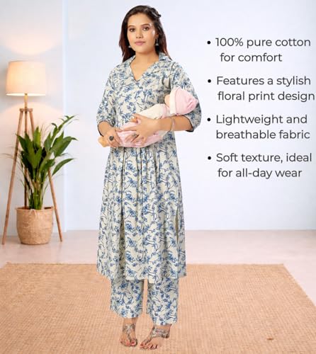 Image of Momenta Women's Pure Cotton Maternity Kurta Set | Feeding Kurti with Concealed Zippers | Maternity Dress for Pre & Post Pregnancy