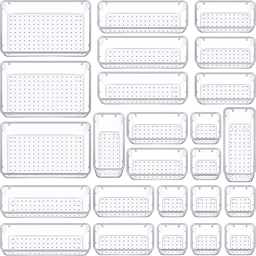 Multipurpose Clear Plastic Storage Bins for Jewelries, Kitchen Gadgets, and Office Accessories - 25 Pcs Drawer Organizer Set Dresser Desk Drawer Dividers - 4 Size Bathroom Vanity Cosmetic Makeup Trays