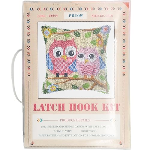 Image of Howie's Latch Hook Kit, DIY Owl Pillow Crochet Yarn Kits for Adults, Color Preprinted Pattern Embroidery Sofa Cushion Cover (Pink Owl, 16.93 x 16.93 inch)