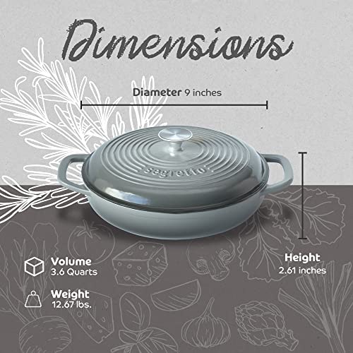 Segretto Cookware 3.6 Qt Braiser Enameled Cast Iron Casserole Pan With Cover, Grigio Scuro (Gradient Gray) Cast Iron Braiser Pan With Lid, Lasagna Pan Enamel Cast Iron Cookware #TOP1