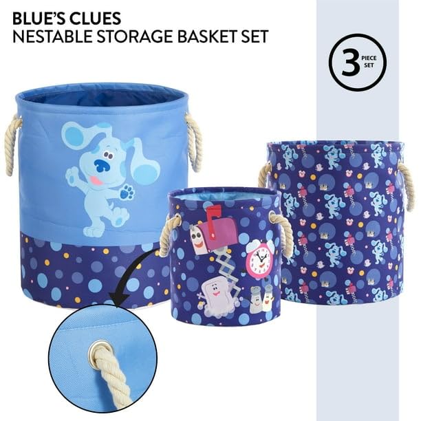 Image of Nickelodeon Blues Clues Storage Basket Set,3-Piece Collapsible Toy Organizer with Rope Handles, Kids Laundry Bin & Storage Solution