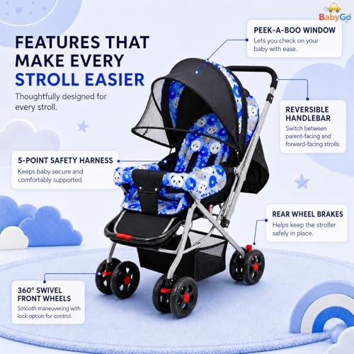 Image of BabyGo Foldable Baby Stroller for Newborn, Infant & Toddler 0-3 Years | Lightweight Travel Pushchair | Safety Harness | Adjustable Recline Backrest | 360 Swivel Wheels | Large Storage Basket | Blue