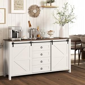 HOMCOM Farmhouse Sideboard Buffet Cabinet with Storage 60 Kitchen Cabinet with 2 Sliding Barn Doors 4 Drawers and 2 Adjustable Shelves Rustic Coffee Bar Cabinet Distressed Cream White