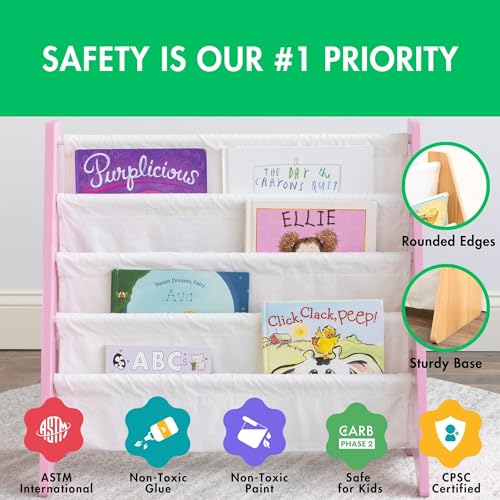 Image of Humble Crew Kids Bookshelf, 4-Tier Front-Facing Book Display Organizer, Montessori Toddler Bookcase for Playroom, Bedroom & Reading Corner, Pink /White