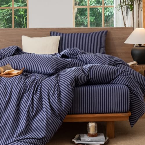 Image of MooMee Striped Duvet Cover Set 100% Washed Cotton Linen Like King