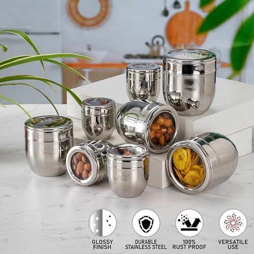 Image of Sumeet Stainless Steel Conical Shape Canisters /Dabba /Storage Containers for Kitchen with See Through Lid, Set of 8 Pcs, (150ml-6cm Dia-2Pc, 250ml-7cm Dia-2Pc, 400ml-8.5cm 2Pc, 500ml-9cm 2Pc)- Silver