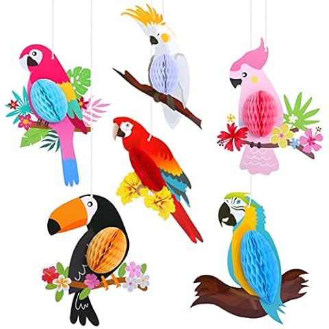 KESOTE 6 Pieces Hawaiian Tropical Parrot Bird Honeycomb Hanging Party Decorations, Summer Tiki Bar Party Decor, Rainforest Decorations Garden Yard Room Decor Cover