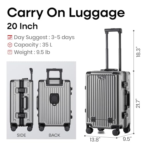 Image of 20 Inch Aluminium Frame Carry On 22x14x9 Airline Approved With compartment, Zipperless Hard Shell Travel Suitcase with TSA Approved Cup Holder USB Port Holder for Women Men,Grey