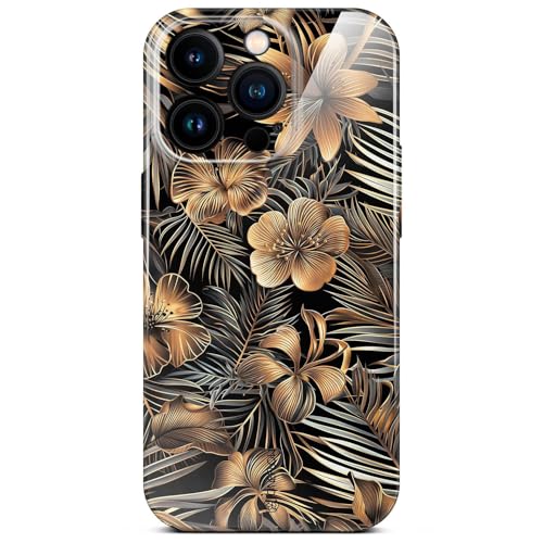 Coque fleurs pour iPhone 15 Pro étui rigide élégant Or Noir