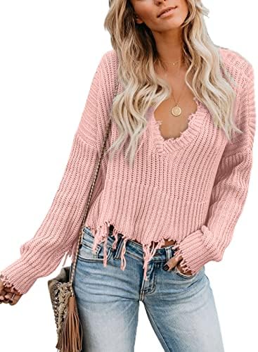 Sidefeel Women V-Neck Long Sleeve Loose Ripped Pullover Knit Sweater Crop Top 1 Sidefeel Women V-Neck Long Sleeve Loose Ripped Pullover Knit Sweater Crop Top