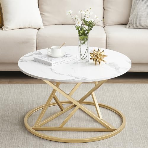 ZZINOKE Table Basse Ronde 80cm, Table Basse Aspect Faux Marbre avec Cadre en Métal Doré, Table de Salon, Table d'Appoint pour Meubles De Salon, Imitation...