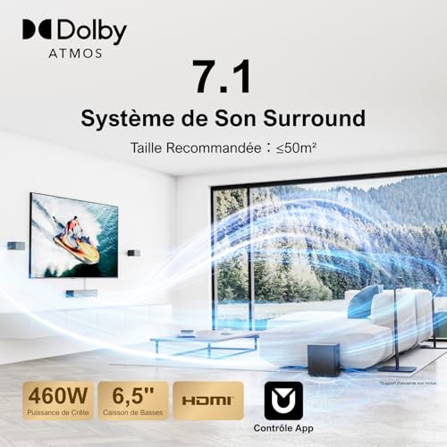Barre de son 460W avec caisson de basse sans fil et 4 enceintes surround