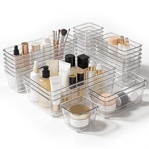 25 Pcs Clear Drawer Organiser, 4-Size Versatile Draw Organisers for Makeup&Stationery&Utensil, Stackable Dresser Storage Bins, Plastic Drawer Dividers for Kitchen, Desk, Vanity, Office