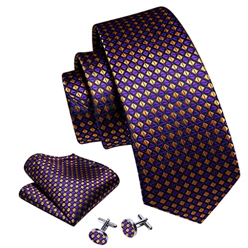 Corbata de seda dorada a cuadros para hombre con set de pañuelo y gemelos