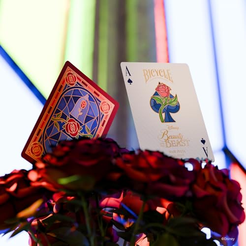 Image of Bicycle Disney Beauty and the Beast Playing Cards Belle Beast Collectible | Gold-foiled tuck case, Custom court cards with Belle Beast Mrs Potts and Lumiere, Enchanted rose back, Made in USA