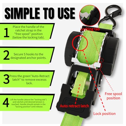Image of Retractable Ratchet Straps 1 Inch x 12 Feet Heavy Duty Tie Downs,1760lb Break Strength,Self Retracting for Truck,Cargo,Trailer,Motorcycle,ATV,UTV (Fluorescent Green, 4pack)