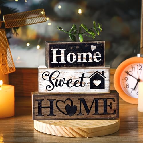 Image of Moucuny 4 Pcs Farmhouse Wooden Tabletop Decor Farmhouse Tiered Tray Decor Rustic Eucalyptus Leaves Wood Block Sign Gift Sweet Home Centerpiece Home Table Decortion
