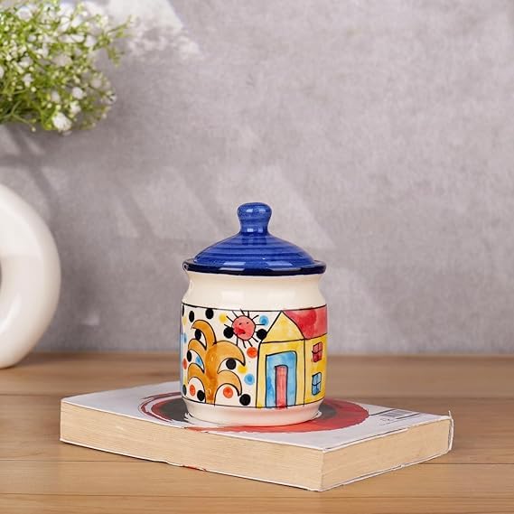 Image of Niyara Handcrafted Ceramic Pickle Jar Set, Premium Metal Tray & Lids - Multipurpose Storage for Pickles, Chutneys, Spices & Condiments (home print Design)
