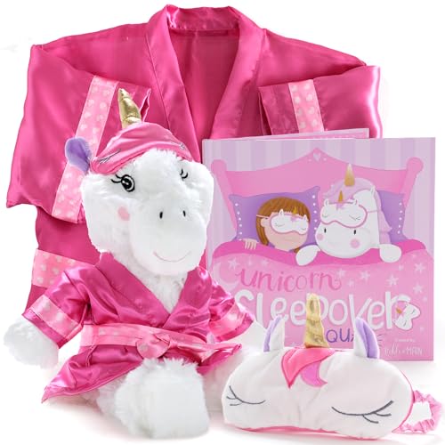 Tickle & Main Unicorn Spa Gift Set for Girls - 4-Piece Kit for Ages 3+ - Includes Pink Satin Robe, Unicorn Sleep Mask, Spa Stuffed Animal & Storybook - Sleepover Fun