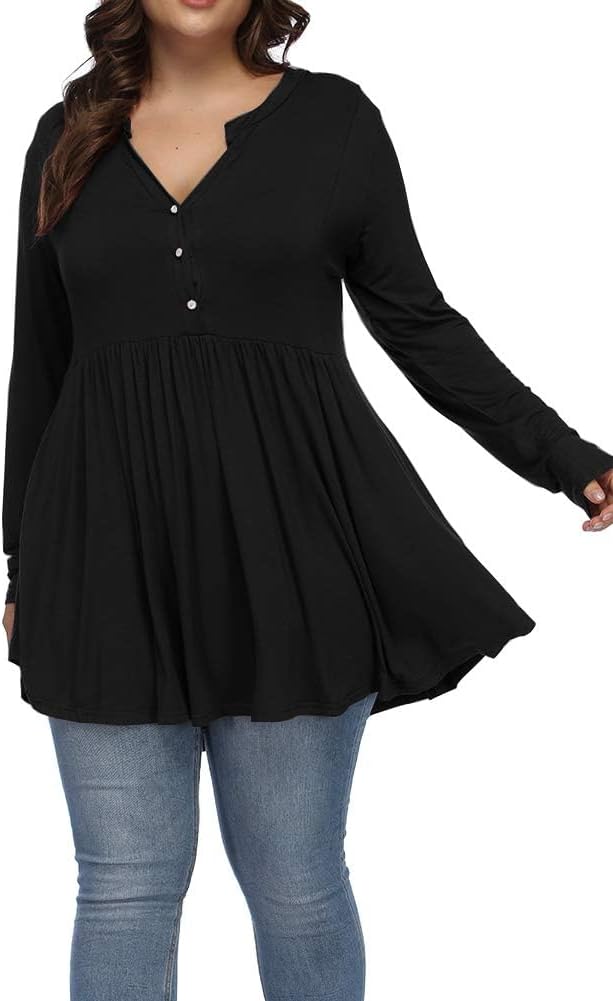 Plus Size Tops for Women Curvy Fall Long Sleeve Dressy Tops Button V Neck Henley Shirts Casual Flowy Tunic Blouses - Image 2
