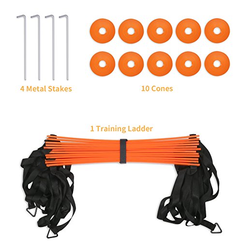 YISSVIC Agility Ladder and Cones 20 Feet 12 Adjustable Rungs Fitness Speed Training Equipment, 20 Feet Speed Agility 1 Carry Bags, 10 Cones, 4 Stakes, Basketball, Soccer, Football (Orange)