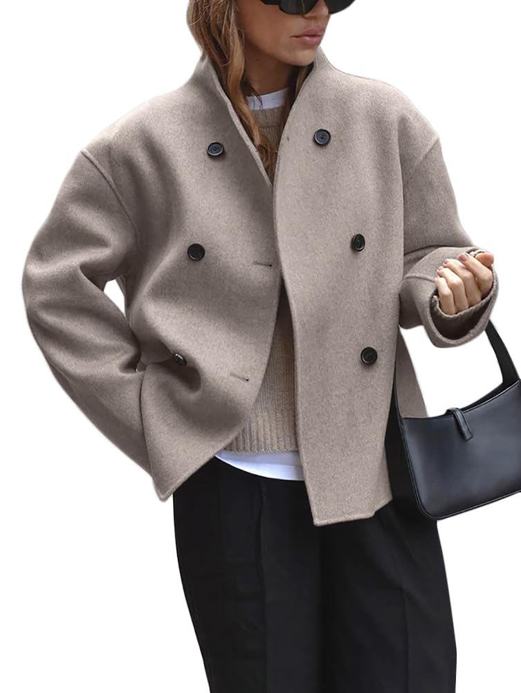Cappotto Donna Invernale Giacca in Lana Giacche Corte Oversize Maniche Lunghe Colletto Rialzato con Doppio Pulsante Cappotti con Tasche Trench-Coat