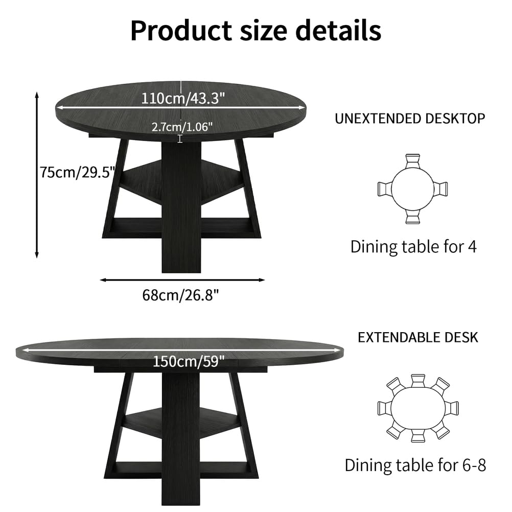 Mesa de comedor extensible, mesa de comedor redonda expandible, cocina de madera con estante de almacenamiento, ahorra espacio para 4-6 personas, ideal para espacios pequeños, sala de estar