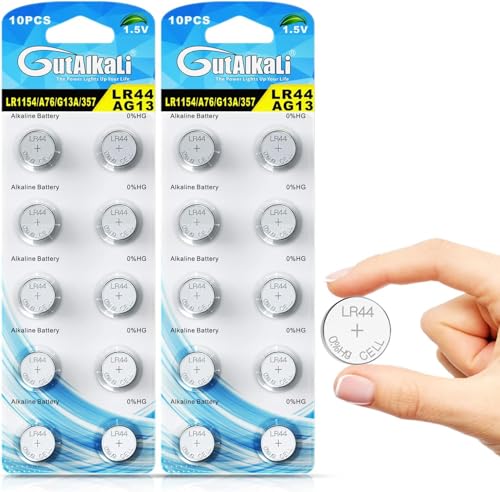 GutAlkaLi Batería LR44 Paquete de 20 – Baterías de 1.5 V para relojes, glucómetro, llaveros y electrónica pequeña – La química de óxido de plata proporciona voltaje estable y larga vida útil