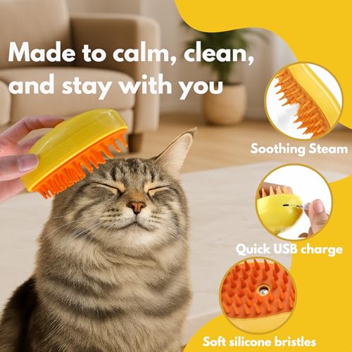 Image of Steam Cat Brush for Indoor Cats - Mist Spray Comb for Shedding & Hair Removal | Silicone Pet Grooming Tool for Long-Haired Cats & Dogs