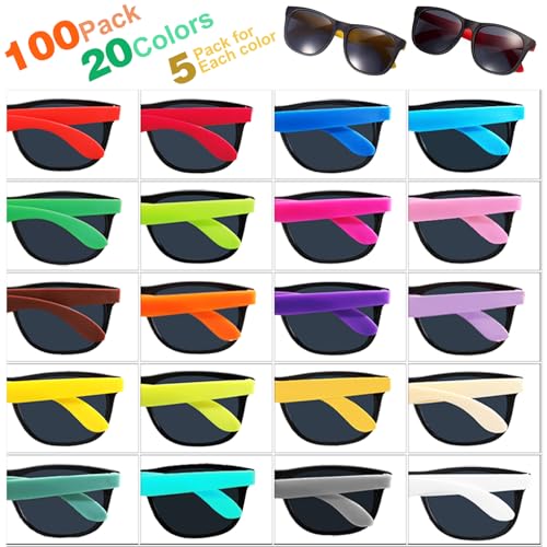 100 Pack 20 Colors Neon Party Sunglasses Bulk,Sunglasses Party Favors for Adult and Teen,80's Style Plastic Sun Glasses for Birthday Graduation,Summer Pool,Beach,Outdoor Party,Goody Bag Favors2