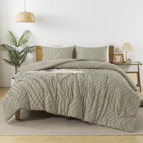Image of Andency Oatmeal Comforter Set Queen Size, Boho Soft Warm Tufted Bedding Comforter Sets for Queen Size Bed, 3 Pieces Aesthetic Chevron Farmhouse Cute Bohemian Textured Bed Set
