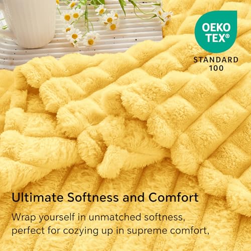 Image of BEDELITE 3D Checked Light Yellow Fleece Throw Blanket for Couch, 50x70 Inch