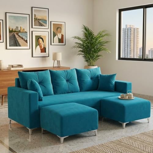 Image of Zora 5 Seater L Shape Sofa Set with 2 Movable Ottomans | Flexible Layout | Rich Velvet Suede Fabric | Silver Legs | Spacious Seating | Modern Sofa for Living Room (Aqua Blue)