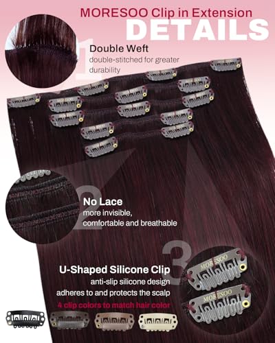 Image of Moresoo Dark Red Hair Extensions Clip ins Human Hair Short 10 inch 80g | Clip in extensions real human hair, 5pcs, remy human hair, straight texture, lightweight design for short daily styles