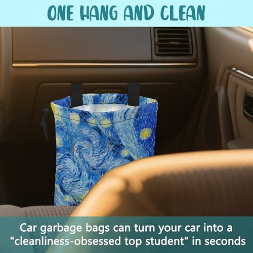Image of Car Garbage Bag Starry Night Hanging Canvas Car Trash Bag Waterproof Drawstring Car Back Seat Organizer for Car Back Front Seat Console with Adjustable Buckle
