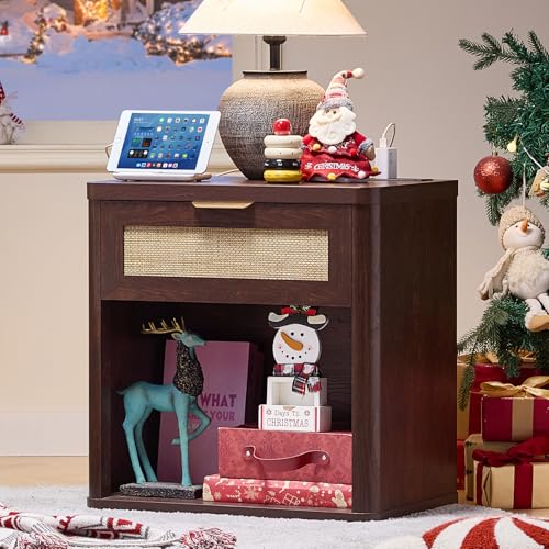 Image of LEYAOYAO Rattan 23 inch Nightstands with Charger for Bedroom