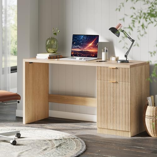 IDEALHOUSE Fluted Executive Desk with Drawers, 60' Modern Home Office Desk with Storage Cabinet, Wood Fluted Computer Desks Workstation for Working, Studying, Writing, Natural Oak