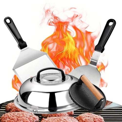 Neuytiky 4 pièces Ustensiles Plancha, Spatule Plancha Accessoires avec Grande Fonte Presse Burger et Spatules Coudée Cuisine Acier Inoxydable et Cloche, Kit Ustensiles Barbecue pour Hommes