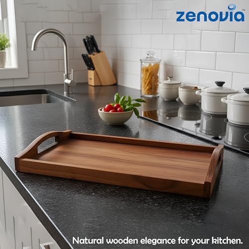 Image of ZENOVIA Handmade Teak Wood Serving Tray with Handles | Tea & Coffee Tray | Ottoman & Coffee Table Tray | Decorative Kitchen & Dining Platter | S Size (26 x 15 x 4.5 cm) | 26 x 15 x 4.5 cm, Tea & Coffee Tray, Ottoman & Coffee Table Tray, Decorative Kitchen & Dining Platter
