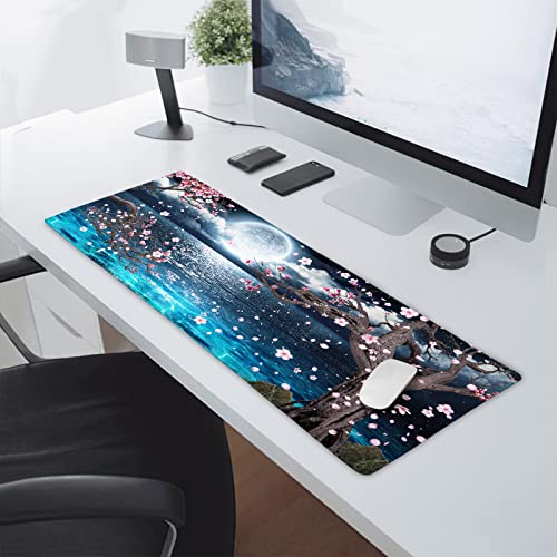 Image of Pink Cherry Blossom Gaming Mouse Pad XL Sakura Tree Blue Ocean Moon Night Extended Big Large Desk Mat Non-Slip Rubber Base Stitched Edge Long Keyboard Mousepad for PC Computer Laptop,31.5x11.8 in