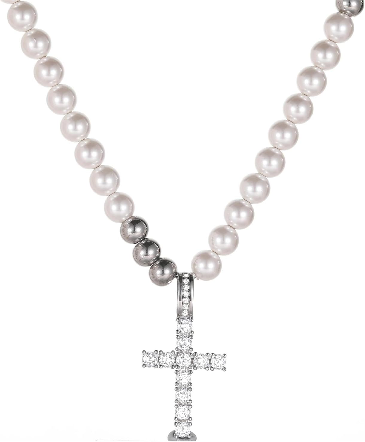 Cross Pearl Necklace for Men Stainless Steel Necklace 10mm Double Layered Cuban Link Fashion Jewelry Baptism Gifts for Him