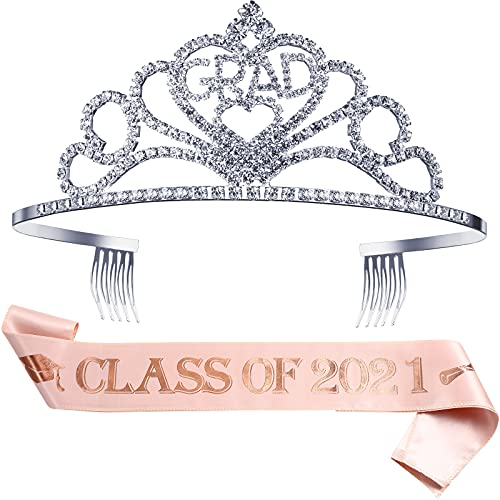 2021 Graduation Party Supplies Kit, Crystal Glitter Metal Graduation Princess Grad Crown Tiara and Graduated Sash Class of 2022 for Graduation Party Decorations Grad Decor Favors (Pink Class of 2021)